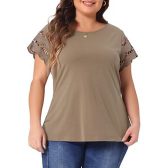 Women's Plus Size Lace Panel Cut-out Short Sleeve Crew Neck Casual Blouses