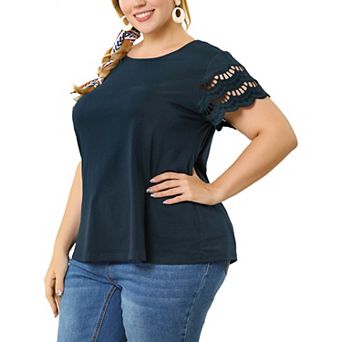 Women's Plus Size Lace Panel Cut-out Short Sleeve Crew Neck Casual Blouses