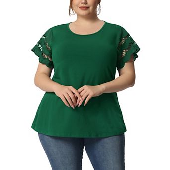 Women's Plus Size Lace Panel Cut-out Short Sleeve Crew Neck Casual Blouses