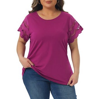 Women's Plus Size Lace Panel Cut-out Short Sleeve Crew Neck Casual Blouses