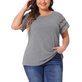 Women's Plus Size Lace Panel Cut-out Short Sleeve Crew Neck Casual Blouses