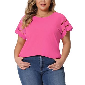 Women's Plus Size Lace Panel Cut-out Short Sleeve Crew Neck Casual Blouses