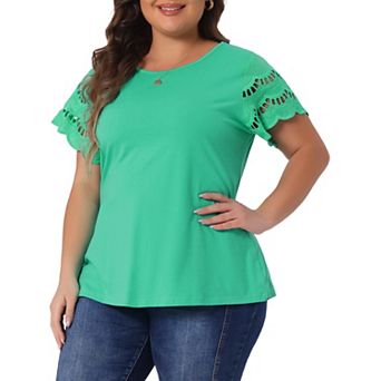 Women's Plus Size Lace Panel Cut-out Short Sleeve Crew Neck Casual Blouses