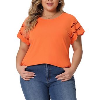 Women's Plus Size Lace Panel Cut-out Short Sleeve Crew Neck Casual Blouses