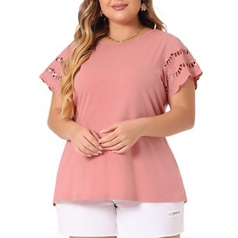 Women's Plus Size Lace Panel Cut-out Short Sleeve Crew Neck Casual Blouses