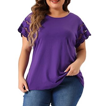 Women's Plus Size Lace Panel Cut-out Short Sleeve Crew Neck Casual Blouses