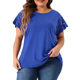 Women's Plus Size Lace Panel Cut-out Short Sleeve Crew Neck Casual Blouses