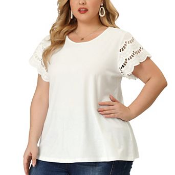 Women's Plus Size Lace Panel Cut-out Short Sleeve Crew Neck Casual Blouses