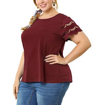 Women's Plus Size Lace Panel Cut-out Short Sleeve Crew Neck Casual Blouses