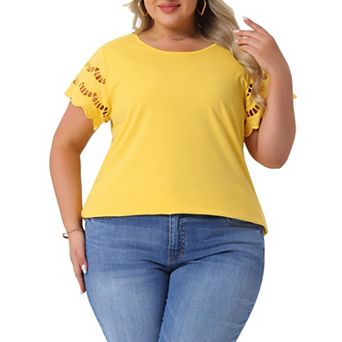Women's Plus Size Lace Panel Cut-out Short Sleeve Crew Neck Casual Blouses