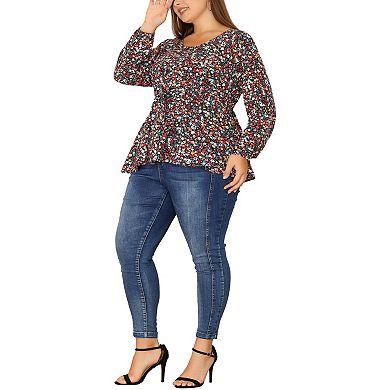 Women's Plus Size Peplum V Neck Ruffle Flowy Tunic Babydoll Tops