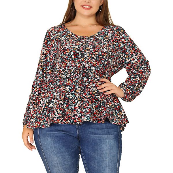 Women's Plus Size Peplum V Neck Ruffle Flowy Tunic Babydoll Tops