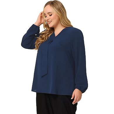 Women's Plus Size Fashion Work Long Sleeves Ribbon Front Chiffon Blouse