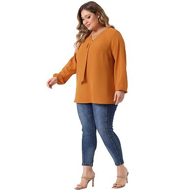 Women's Plus Size Fashion Work Long Sleeves Ribbon Front Chiffon Blouse