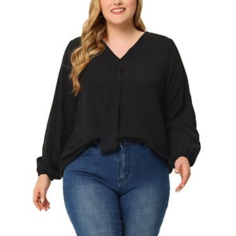 Women's Plus Size Fashion Work Long Sleeves Ribbon Front Chiffon Blouse