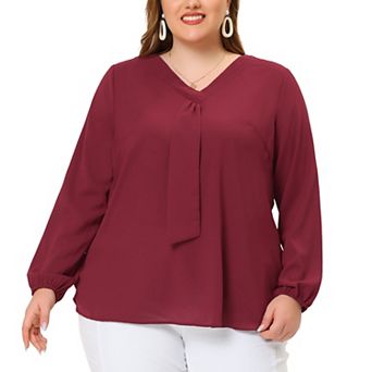 Women's Plus Size Fashion Work Long Sleeves Ribbon Front Chiffon Blouse