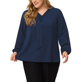 Women's Plus Size Fashion Work Long Sleeves Ribbon Front Chiffon Blouse