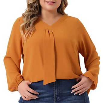 Women's Plus Size Fashion Work Long Sleeves Ribbon Front Chiffon Blouse