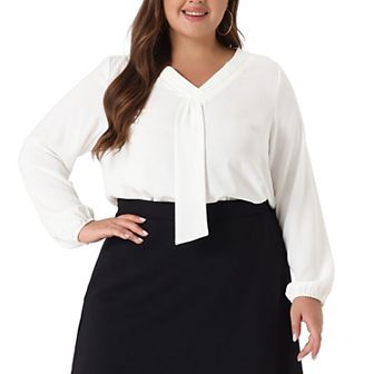 Women's Plus Size Fashion Work Long Sleeves Ribbon Front Chiffon Blouse