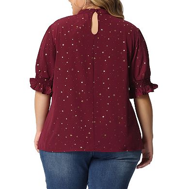 Women's Plus Size Work Pleated Mock Neck Geometric Print Puffy Sleeve Top