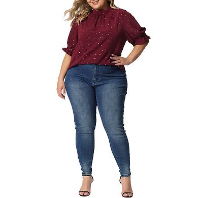 Women's Plus Size Work Pleated Mock Neck Geometric Print Puffy Sleeve Top