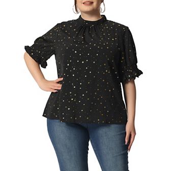 Women's Plus Size Work Pleated Mock Neck Geometric Print Puffy Sleeve Top