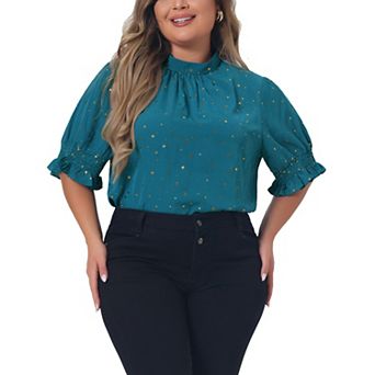 Women's Plus Size Work Pleated Mock Neck Geometric Print Puffy Sleeve Top