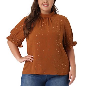 Women's Plus Size Work Pleated Mock Neck Geometric Print Puffy Sleeve Top