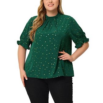 Women's Plus Size Work Pleated Mock Neck Geometric Print Puffy Sleeve Top