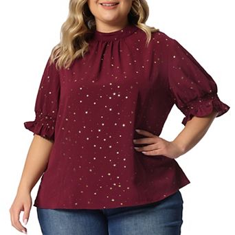 Women's Plus Size Work Pleated Mock Neck Geometric Print Puffy Sleeve Top