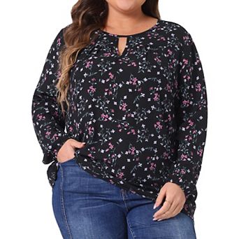 Women's Plus Size Keyhole Long Sleeve Floral Chiffon Blouse