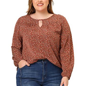 Women's Plus Size Keyhole Long Sleeve Floral Chiffon Blouse
