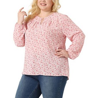 Women's Plus Size Keyhole Long Sleeve Floral Chiffon Blouse