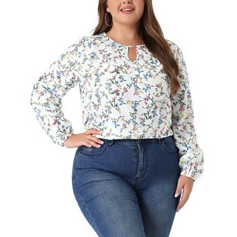 Women's Plus Size Keyhole Long Sleeve Floral Chiffon Blouse