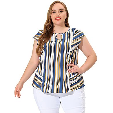 Women's Plus Size Summer Keyhole Cap Sleeve Stripe Boho Blouse