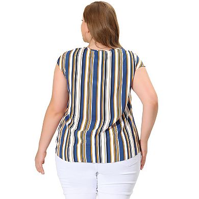 Women's Plus Size Summer Keyhole Cap Sleeve Stripe Boho Blouse