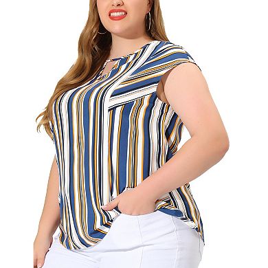 Women's Plus Size Summer Keyhole Cap Sleeve Stripe Boho Blouse