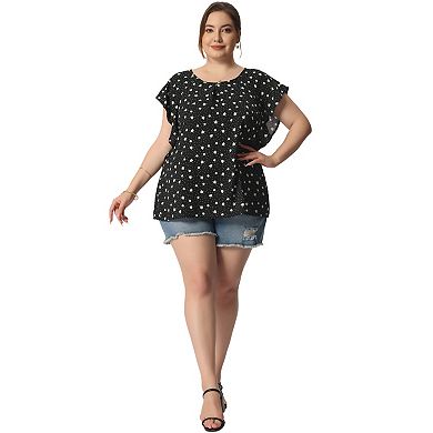 Women's Plus Size Spring Ruffle Sleeve Polka Dots ChiffonTop