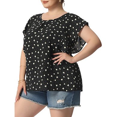 Women's Plus Size Spring Ruffle Sleeve Polka Dots ChiffonTop