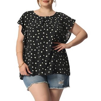 Women's Plus Size Spring Ruffle Sleeve Polka Dots ChiffonTop