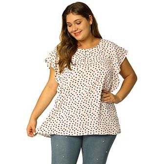 Women's Plus Size Spring Ruffle Sleeve Polka Dots ChiffonTop