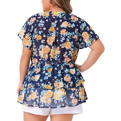 Women's Plus Size Floral Print V Neck Bell Sleeve Tiered Peplum Blouses