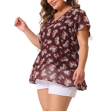 Women's Plus Size Floral Print V Neck Bell Sleeve Tiered Peplum Blouses