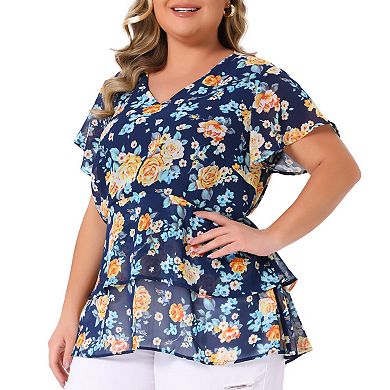 Women's Plus Size Floral Print V Neck Bell Sleeve Tiered Peplum Blouses