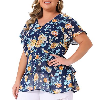 Women's Plus Size Floral Print V Neck Bell Sleeve Tiered Peplum Blouses