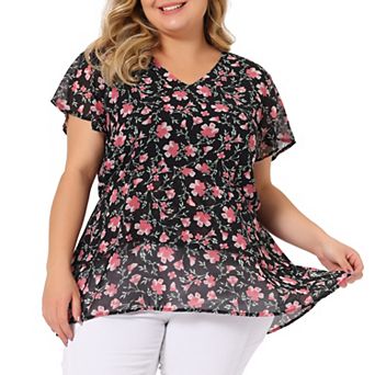 Women's Plus Size Floral Print V Neck Bell Sleeve Tiered Peplum Blouses