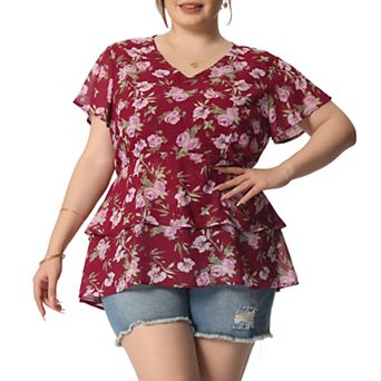 Women's Plus Size Floral Print V Neck Bell Sleeve Tiered Peplum Blouses