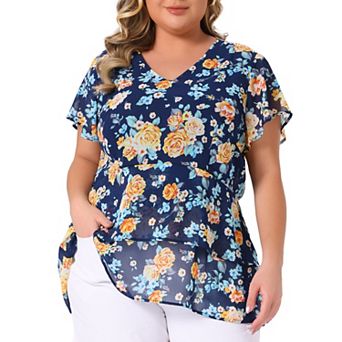 Women's Plus Size Floral Print V Neck Bell Sleeve Tiered Peplum Blouses