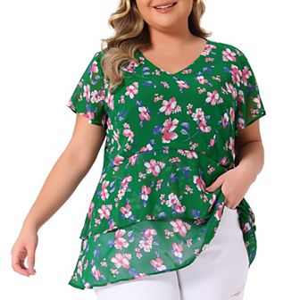 Women's Plus Size Floral Print V Neck Bell Sleeve Tiered Peplum Blouses