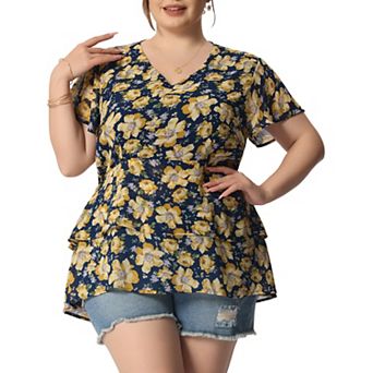 Women's Plus Size Floral Print V Neck Bell Sleeve Tiered Peplum Blouses